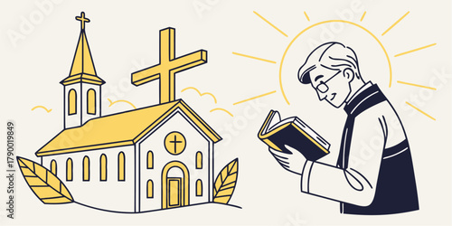 Inspiring faith illustration featuring a church and a man reading, conveying tradition, spirituality, and community in a modern, clean style