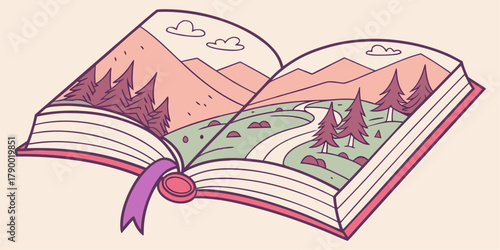 Enchanting open book showcasing a stunning mountain landscape with winding paths and evergreen forests, perfect for inspiring wanderlust and storytelling