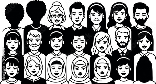 Diverse group of people with various hairstyles and head coverings in black and white vector art