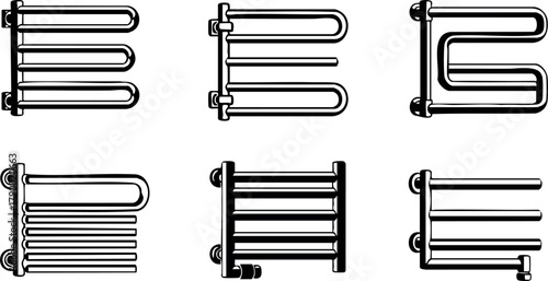 Set of black white electric towel warmers heaters vector icons isolated on white background