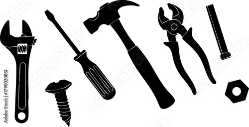 Hand tools set including hammer screwdriver wrench pliers screw and nut vector illustration in black silhouette style