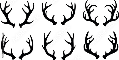Deer antlers silhouettes vector set with various shapes and sizes for design and decoration purposes