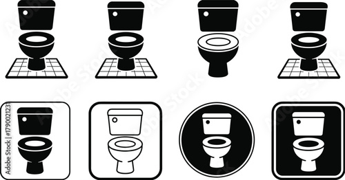 Black and white icons of toilets in various styles and perspectives lavatory bathroom