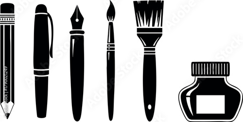 Pencil pen fountain pen paintbrush brush ink bottle black silhouette vector illustration art tools set creative supplies design materials