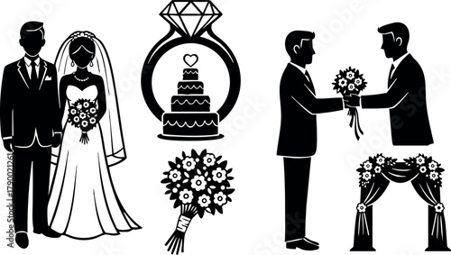 Wedding couple bride and groom in formal attire with bouquet diamond ring cake and ceremony arch vector illustration