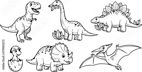 Cute cartoon dinosaurs collection with hatchling triceratops tyrannosaurus stegosaurus pterodactyl in black and white line art style
