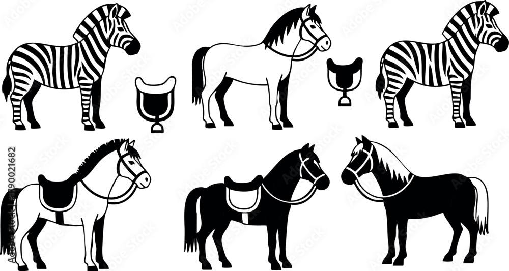Naklejka premium Zebra and Horse Vector Set with Saddles and Stirrups in Black and White Colors for Animal and Nature Designs