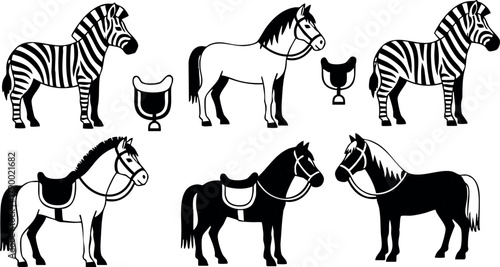 Zebra and Horse Vector Set with Saddles and Stirrups in Black and White Colors for Animal and Nature Designs