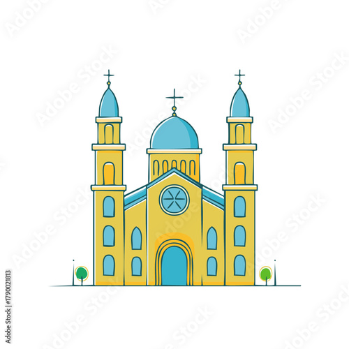 Illustrated European Style Church Cathedral Featuring Crosses Turrets and Arches with Yellow and Blue Accents