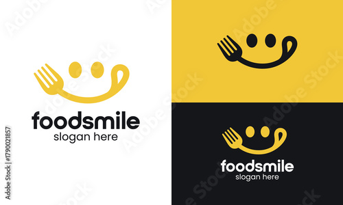 Smile food logo design. spoon fork vector design with smile graphic icon symbol. Delicious, tasty eating emoji face eat with mouth and tongue gourmet enjoying taste graphic logo design.