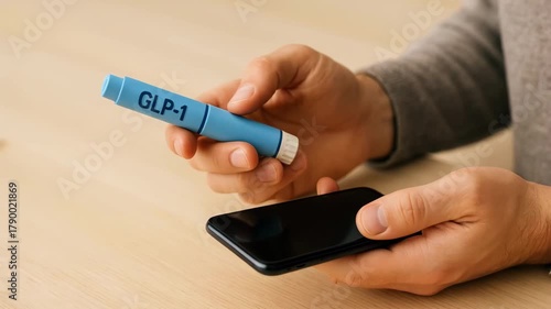 A person holds a blue GLP-1 injection pen in one hand and a smartphone in the other. The setting is a wooden table, suggesting a health-related context.