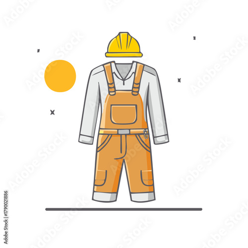 Construction apparel illustration: worker's outfit, safety helmet, shirt, workwear jumpsuit. Occupational clothing sketch with graphic elements.