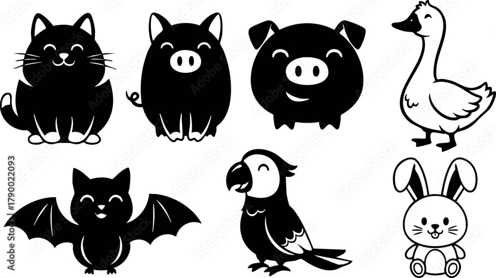 Obraz premium Cute cartoon animals including cat pig goose bat parrot and rabbit in black and white vector style
