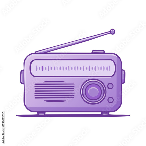Stylized purple cartoon portable radio with antenna and dial. Retro audio equipment vector illustration.