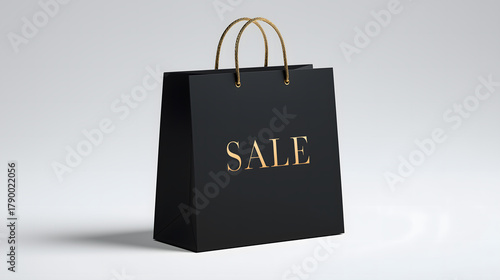 Matte Black Shopping Bag with Golden “SALE” Text on White Background – Black Friday and Cyber Monday Discount Concept