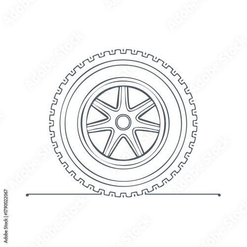 Monochrome line art drawing of a modern car wheel with tire and alloy rim isolated