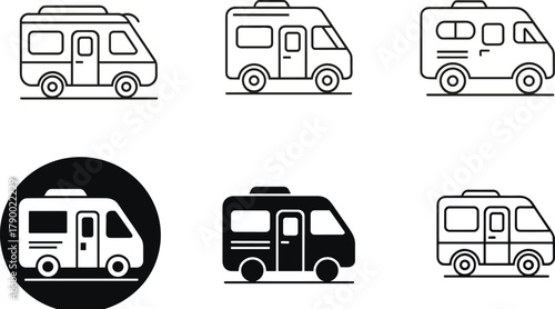 Camper van icons in various styles and colors motorhome caravan