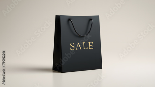 Matte Black Shopping Bag with Golden “SALE” Text on White Background – Black Friday and Cyber Monday Discount Concept
