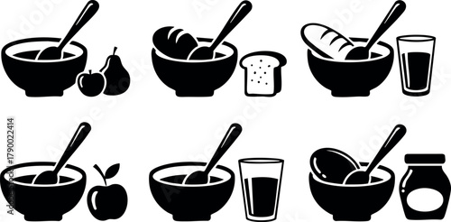 Simple black and white breakfast bowls with fruit bread and drinks vector icons in minimal silhouette style