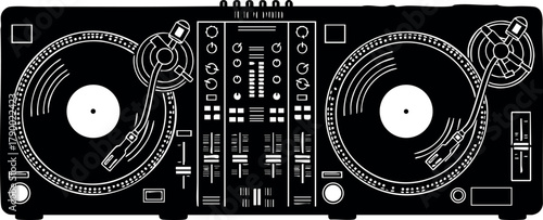 DJ turntables and audio mixer vector illustration in black silhouette style for music and entertainment design