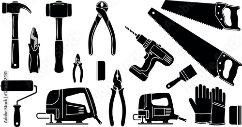 Construction tools and equipment vector set with hammer saw drill pliers gloves and paint brush silhouette icons