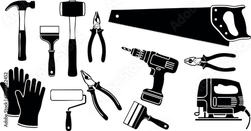 Construction tools hammer saw drill pliers paint roller gloves and truck equipment vector illustration set