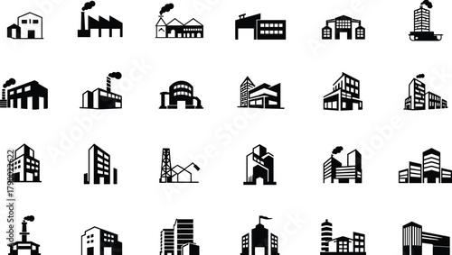 Collection of Black Industrial Building and Factory Icons silhouette