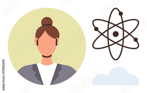 Woman with a bun hairstyle in formal wear next to an atomic model and cloud graphic. Ideal for science, learning, innovation, technology, leadership, education, career development. Simple flat