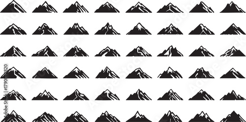A Grid of 42 Black Mountain Silhouettes with Varying Peaks and Textures on a White Background mountains