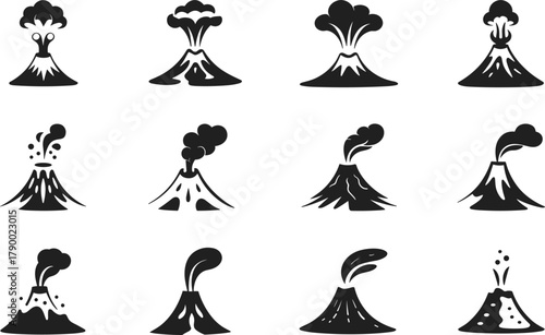 Collection of Black and White Volcano Eruption Icons on White Background volcanic lava