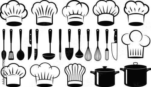 Collection of Chef Hat and Kitchen Utensil Icons toque cooking