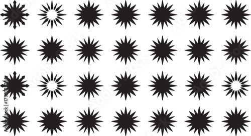 A repeating pattern of black starburst shapes on a white background repetition