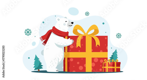 Cute polar bear wearing a red scarf holding a large red and yellow gift box with festive decorations and snowflakes