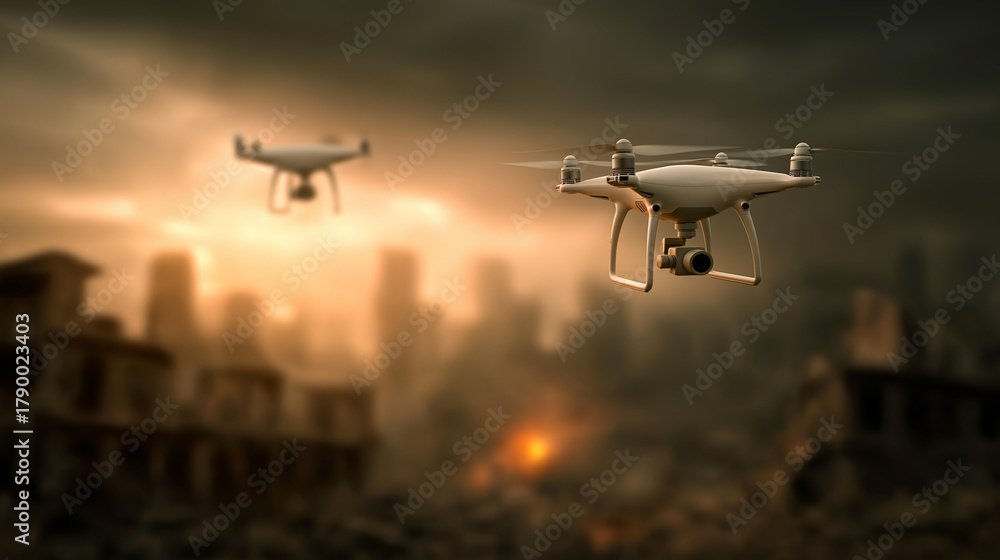 Obraz premium Two drones with flags engaging defocused war-torn city, faceless combat scenario, conflict visualization detail, blurred destruction background, warfare concept, battle interface,