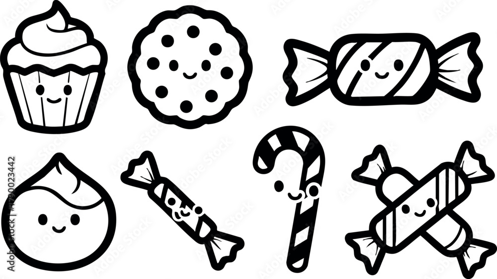 Fototapeta premium Cute sweet candy cupcake cookie and candy vector set for dessert decoration and design elements