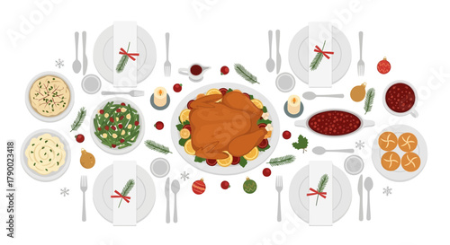 Overhead view of a festive holiday dinner table setting with a large roasted turkey and various side dishes ready to be served