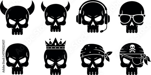 Skull icons with horns crown headphones sunglasses and pirate bandana in black silhouette style vector design