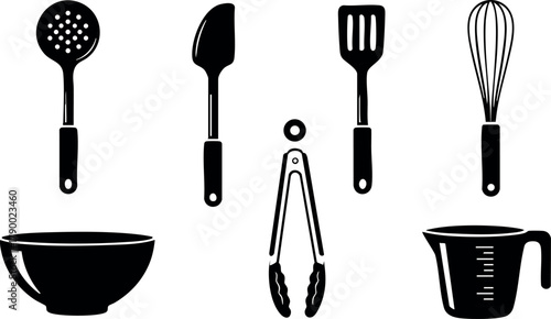 Kitchen utensils vector set with bowl, spatula, whisk, tongs, measuring cup, and strainer silhouette design