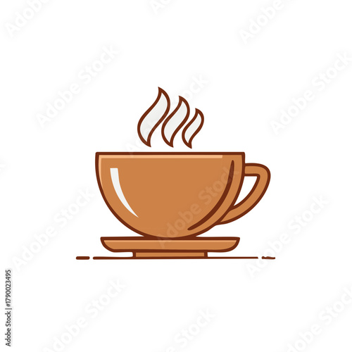 A simple brown cup of steaming hot beverage on a saucer with stylized steam