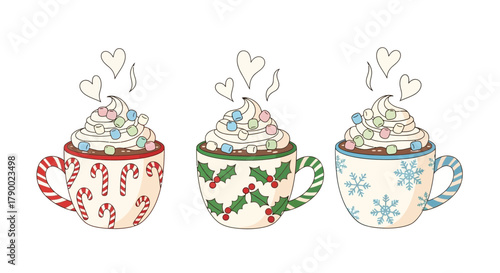 Three festive christmas mugs filled with whipped cream and sprinkles decorated with holiday patterns and candy canes perfect for winter drinks