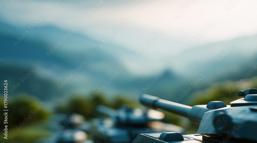 Obraz premium Military drones and tanks in defocused scenic landscape, faceless combat formation, tactical visualization detail, blurred terrain background, warfare concept, military interface,