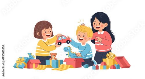 Three happy children of different ages joyfully playing with colorful toys and unwrapping christmas presents together indoors