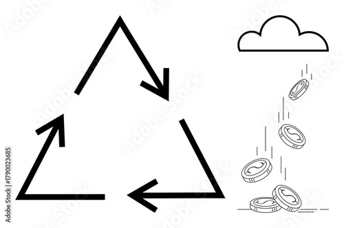 Triangle arrows showing recycling, alongside a cloud releasing coins representing economic renewal. Ideal for sustainability, circular economy, eco-finance, environmental awareness, conservation