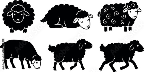Black silhouette sheep vector set with different poses and curly wool for farm or animal design elements