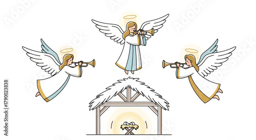 Three angelic figures with trumpets hover above a manger scene representing the nativity of jesus christ
