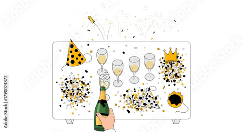 Celebration of new year s eve with champagne bottle popping and glasses filled with bubbly and confetti