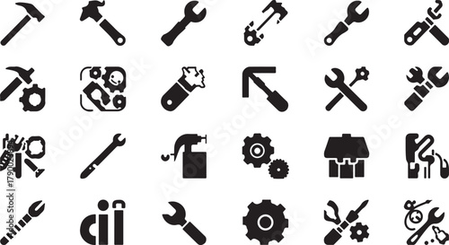 Assortment of Black Silhouette Icons Representing Tools and Mechanical Elements wrench hammer