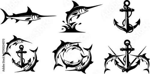 Swordfish and anchor tribal style vector set with dynamic ocean waves and circular frame elements