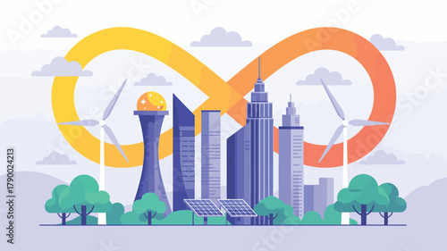 Sustainable cityscape illustration with wind turbines, solar panels, green trees, and infinity symbol representing renewable energy and growth