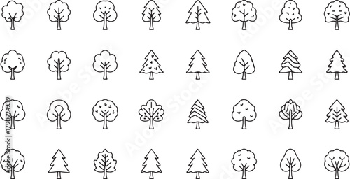Collection of 30 Stylized Black Outline Tree Icons on White Background Keywords: tree, icon, symbol, nature, plant, design, graphic, element, outline, black, white background, isolated, set
